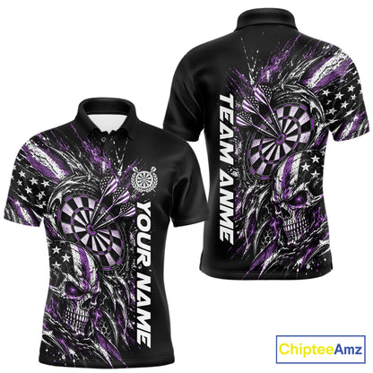 Custom Purple American Flag Skull Patriotic Dart Men Polo Shirt, Dart Team Jersey IPHW12524