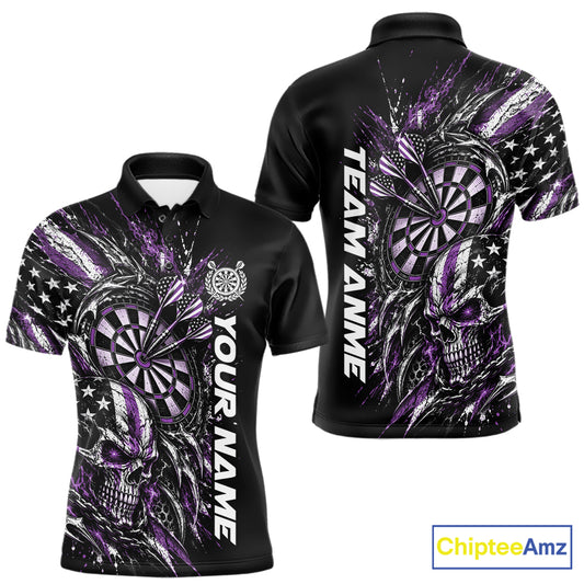 Custom Purple American Flag Skull Patriotic Dart Men Polo Shirt, Dart Team Jersey IPHW12524