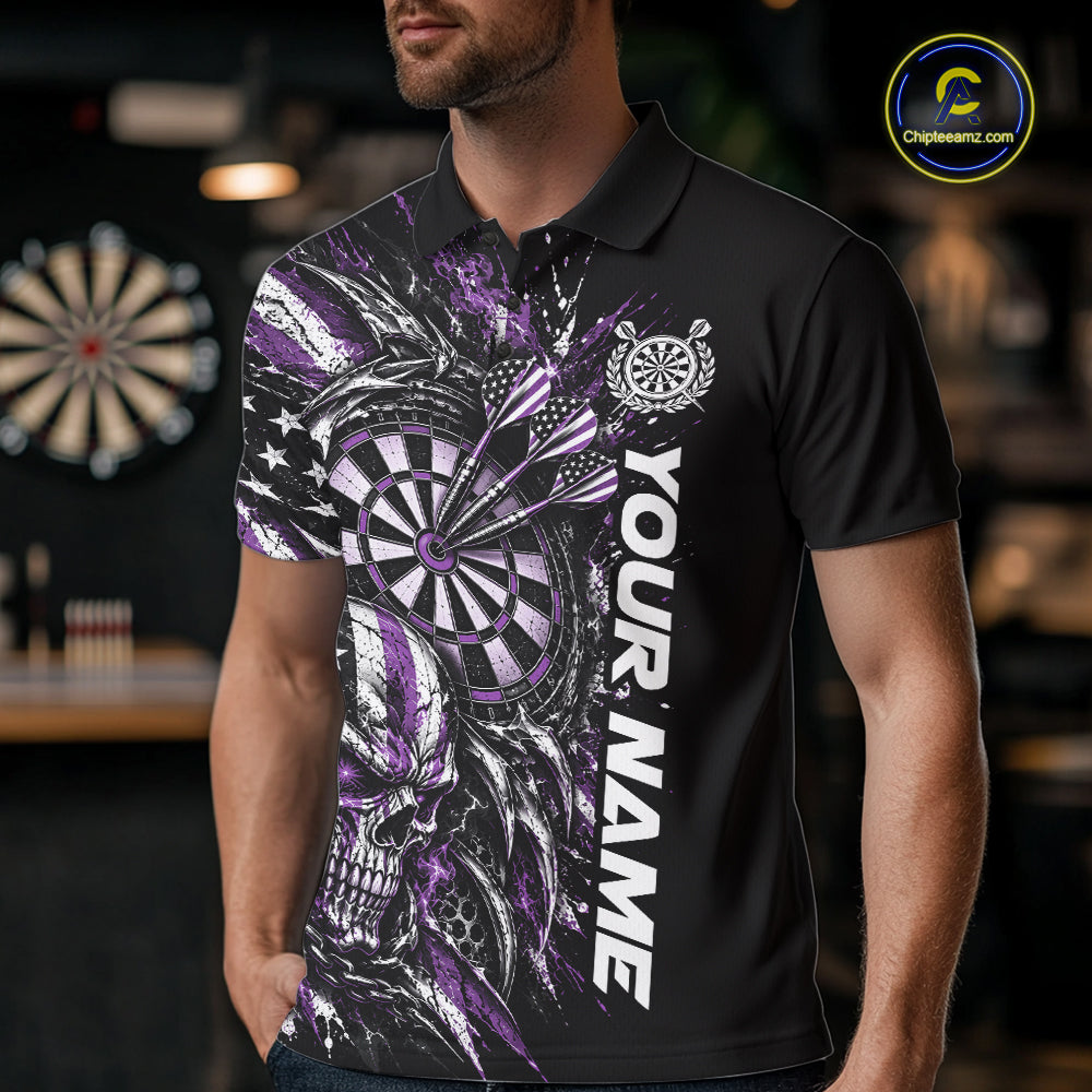 Custom Purple American Flag Skull Patriotic Dart Men Polo Shirt, Dart Team Jersey IPHW12524