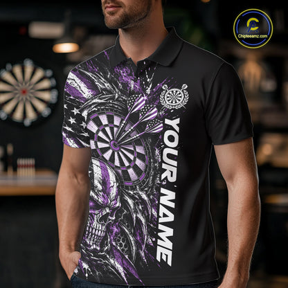 Custom Purple American Flag Skull Patriotic Dart Men Polo Shirt, Dart Team Jersey IPHW12524