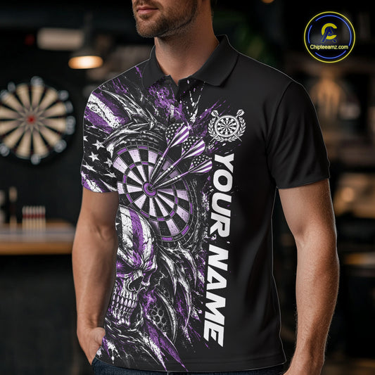 Custom Purple American Flag Skull Patriotic Dart Men Polo Shirt, Dart Team Jersey IPHW12524