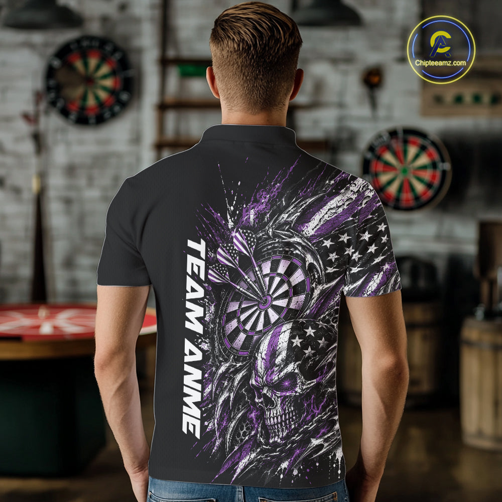 Custom Purple American Flag Skull Patriotic Dart Men Polo Shirt, Dart Team Jersey IPHW12524
