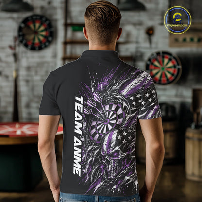 Custom Purple American Flag Skull Patriotic Dart Men Polo Shirt, Dart Team Jersey IPHW12524