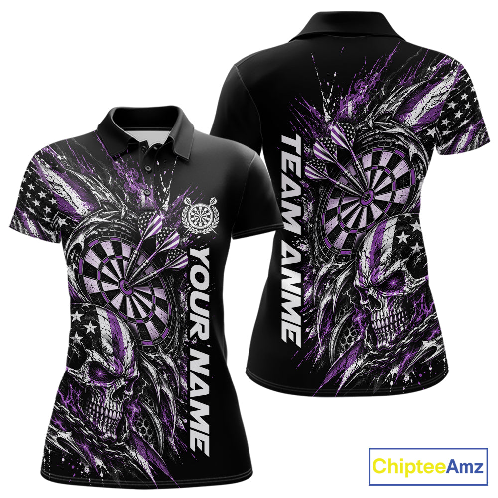 Custom Purple American Flag Skull Patriotic Dart Women Polo Shirt, Dart Team Jersey IPHW12524