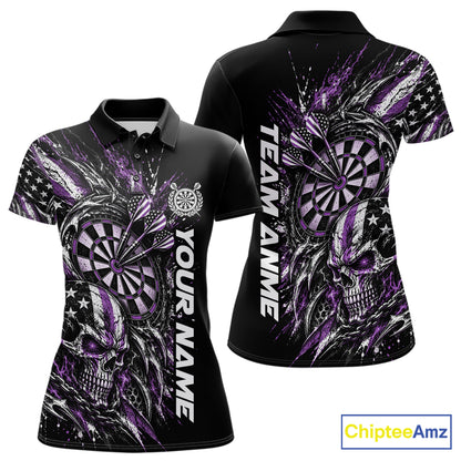 Custom Purple American Flag Skull Patriotic Dart Women Polo Shirt, Dart Team Jersey IPHW12524
