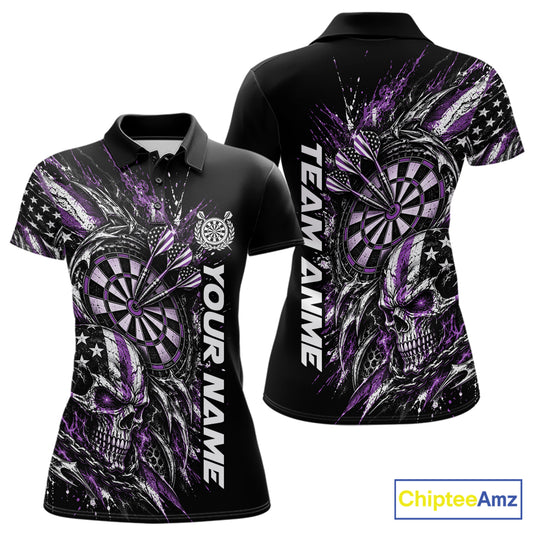 Custom Purple American Flag Skull Patriotic Dart Women Polo Shirt, Dart Team Jersey IPHW12524