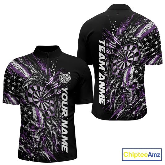 Custom Purple American Flag Skull Patriotic Dart Men Quarter Zip Shirt, Dart Team Jersey IPHW12524
