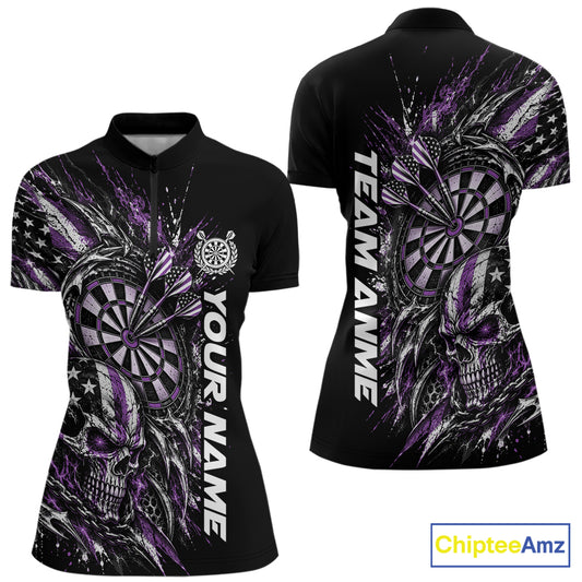 Custom Purple American Flag Skull Patriotic Dart Women Quarter-Zip Shirt, Dart Jersey IPHW12524
