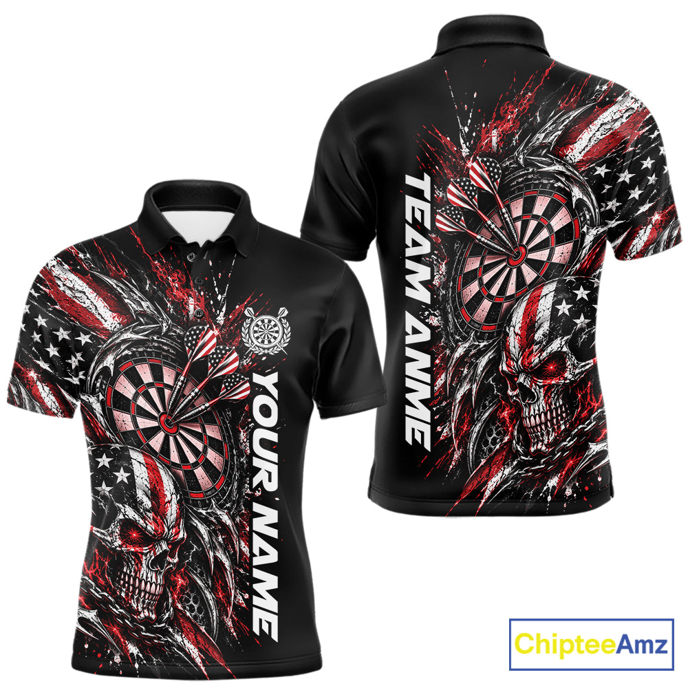 Custom Red American Flag Skull Patriotic Dart Men Polo Shirt, Dart Team Jersey IPHW12525