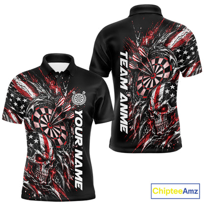 Custom Red American Flag Skull Patriotic Dart Men Polo Shirt, Dart Team Jersey IPHW12525