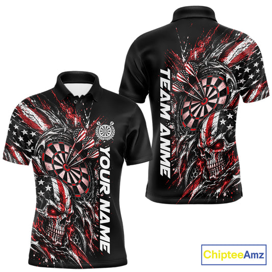 Custom Red American Flag Skull Patriotic Dart Men Polo Shirt, Dart Team Jersey IPHW12525