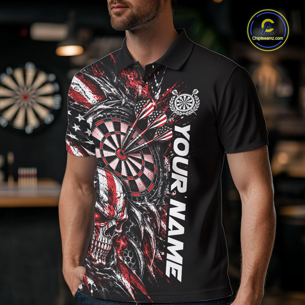 Custom Red American Flag Skull Patriotic Dart Men Polo Shirt, Dart Team Jersey IPHW12525