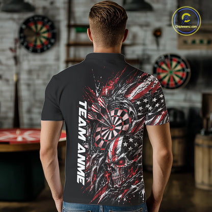 Custom Red American Flag Skull Patriotic Dart Men Polo Shirt, Dart Team Jersey IPHW12525