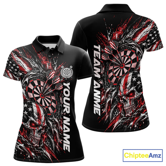 Custom Red American Flag Skull Patriotic Dart Women Polo Shirt, Dart Team Jersey IPHW12525