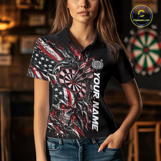 Custom Red American Flag Skull Patriotic Dart Women Polo Shirt, Dart Team Jersey IPHW12525
