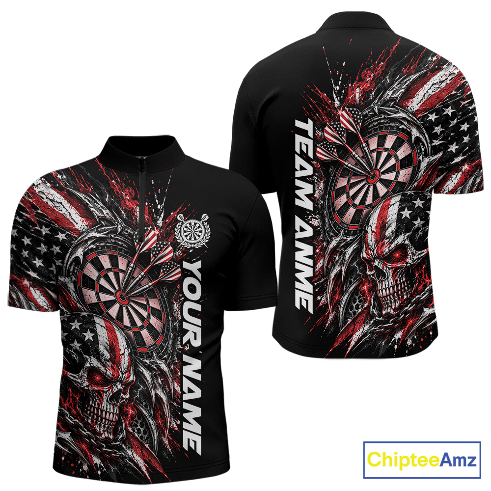 Custom Red American Flag Skull Patriotic Dart Men Quarter Zip Shirt, Dart Team Jersey IPHW12525