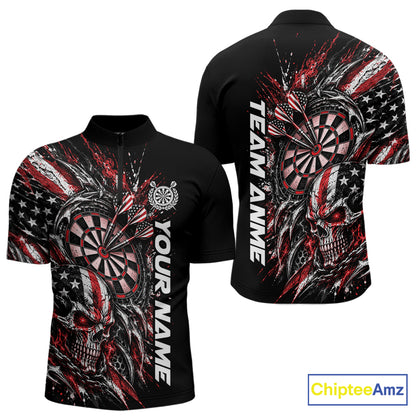 Custom Red American Flag Skull Patriotic Dart Men Quarter Zip Shirt, Dart Team Jersey IPHW12525