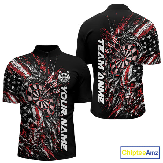 Custom Red American Flag Skull Patriotic Dart Men Quarter Zip Shirt, Dart Team Jersey IPHW12525