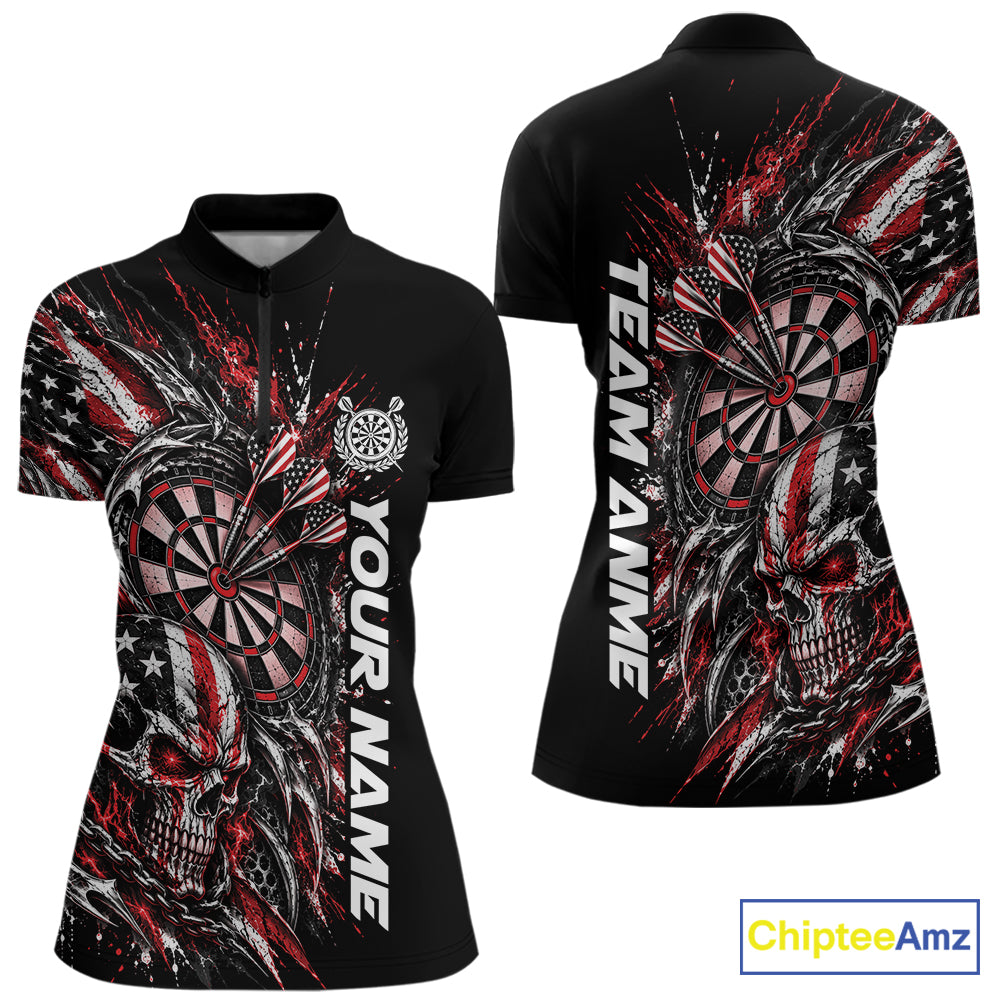 Custom Red American Flag Skull Patriotic Dart Women Quarter-Zip Shirt, Dart Team Jersey IPHW12525