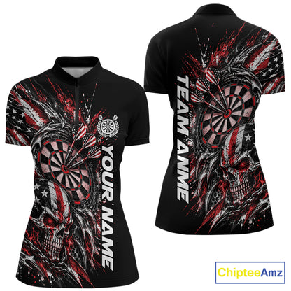 Custom Red American Flag Skull Patriotic Dart Women Quarter-Zip Shirt, Dart Team Jersey IPHW12525