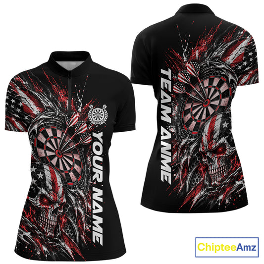 Custom Red American Flag Skull Patriotic Dart Women Quarter-Zip Shirt, Dart Team Jersey IPHW12525