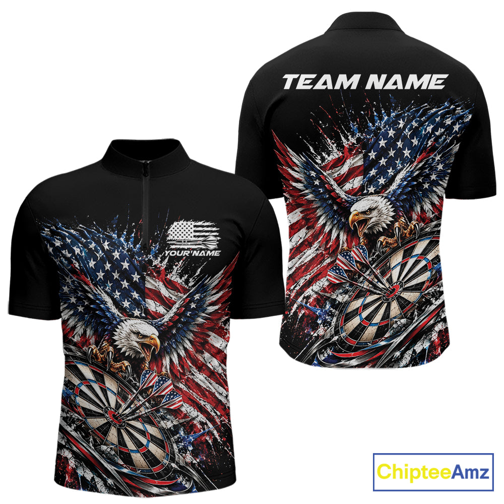 Custom Patriotic American Flag Eagle Dart Men Quarter Zip Shirt, US Dart Team Shirt IPHW12531