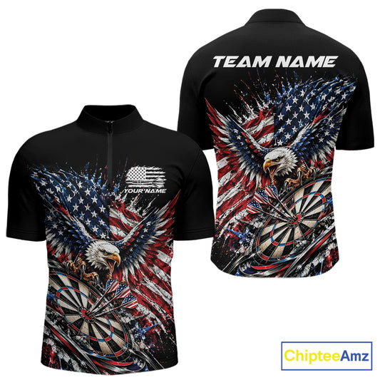 Custom Patriotic American Flag Eagle Dart Men Quarter Zip Shirt, US Dart Team Shirt IPHW12531