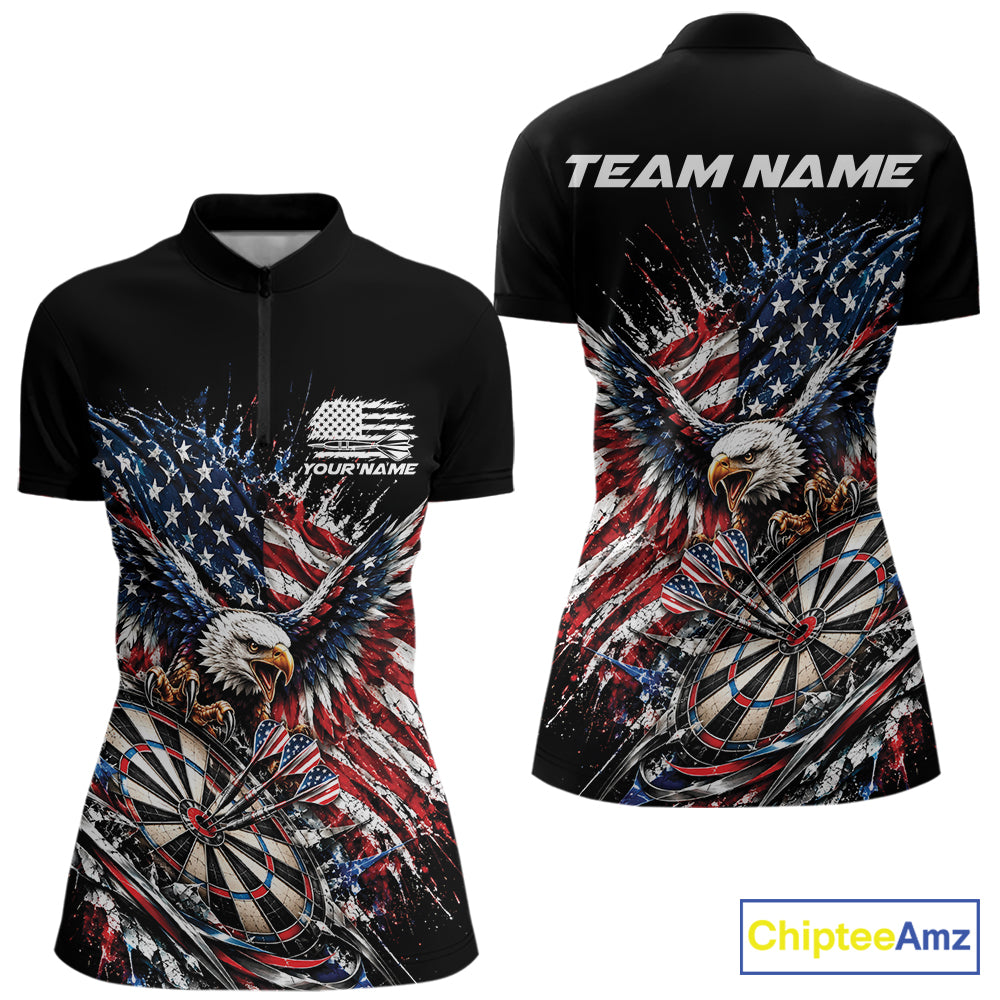 Custom Patriotic American Flag Eagle Dart Women Quarter-Zip Shirt, US Dart Team Shirt IPHW12531