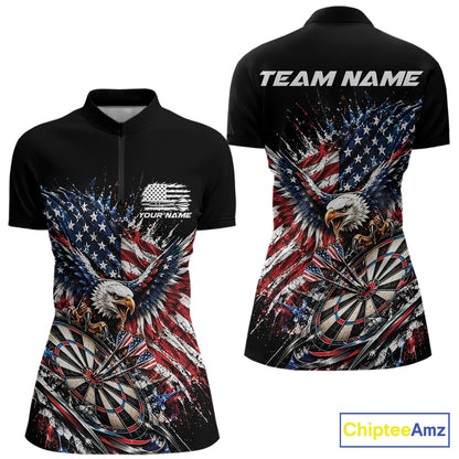 Custom Patriotic American Flag Eagle Dart Women Quarter-Zip Shirt, US Dart Team Shirt IPHW12531