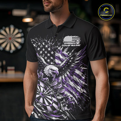 Custom Patriotic Purple American Flag Eagle Dart Men Polo Shirt, US Dart Team Shirt IPHW12532
