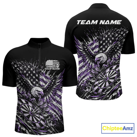 Custom Patriotic Purple American Flag Eagle Dart Men Quarter Zip Shirt, US Dart Team Shirt IPHW12532