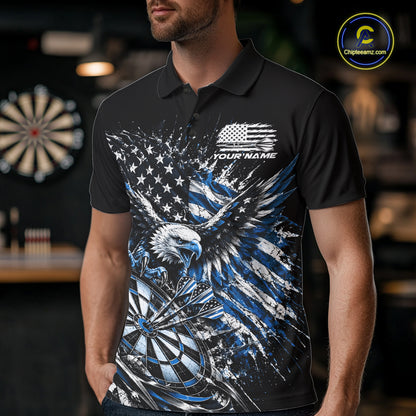 Custom Patriotic Blue American Flag Eagle Dart Men Polo Shirt, US Dart Team Shirt IPHW12533