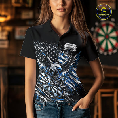 Custom Patriotic Blue American Flag Eagle Dart Women Polo Shirt, US Dart Team Shirt IPHW12533