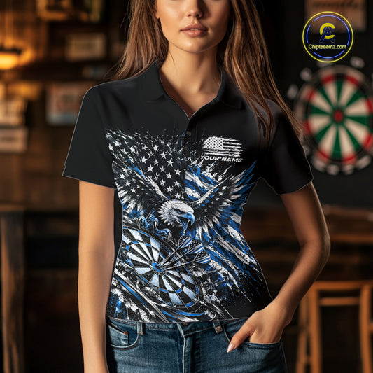 Custom Patriotic Blue American Flag Eagle Dart Women Polo Shirt, US Dart Team Shirt IPHW12533