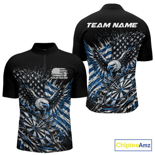 Custom Patriotic Blue American Flag Eagle Dart Men Quarter Zip Shirt, US Dart Team Shirt IPHW12533