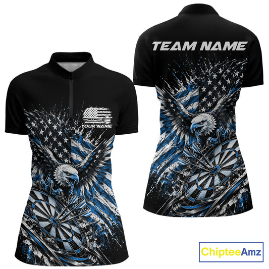 Custom Patriotic Blue American Flag Eagle Dart Women Quarter-Zip Shirt, US Dart Shirt IPHW12533