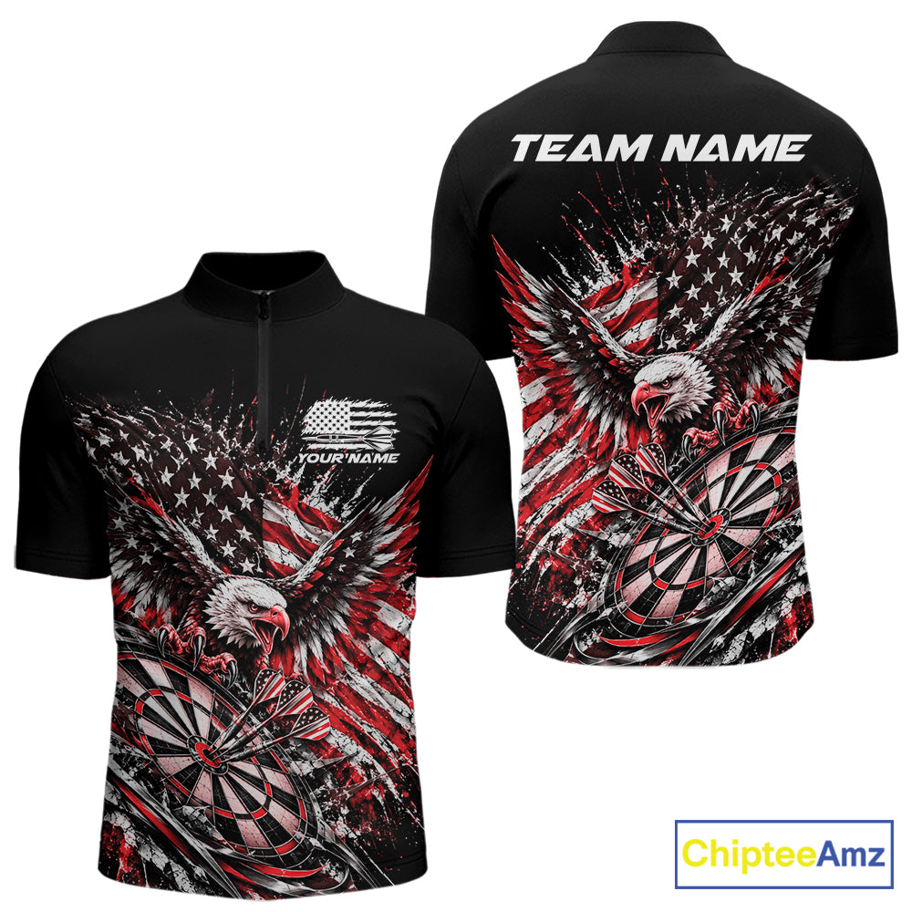 Custom Patriotic Red American Flag Eagle Dart Men Quarter Zip Shirt, US Dart Team Shirt IPHW12534