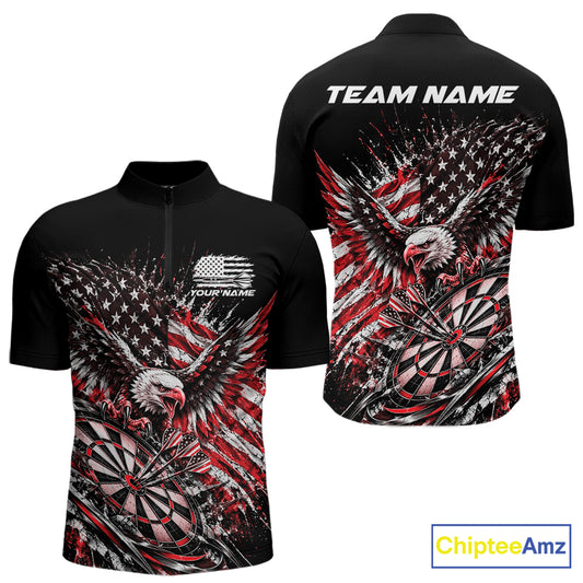 Custom Patriotic Red American Flag Eagle Dart Men Quarter Zip Shirt, US Dart Team Shirt IPHW12534