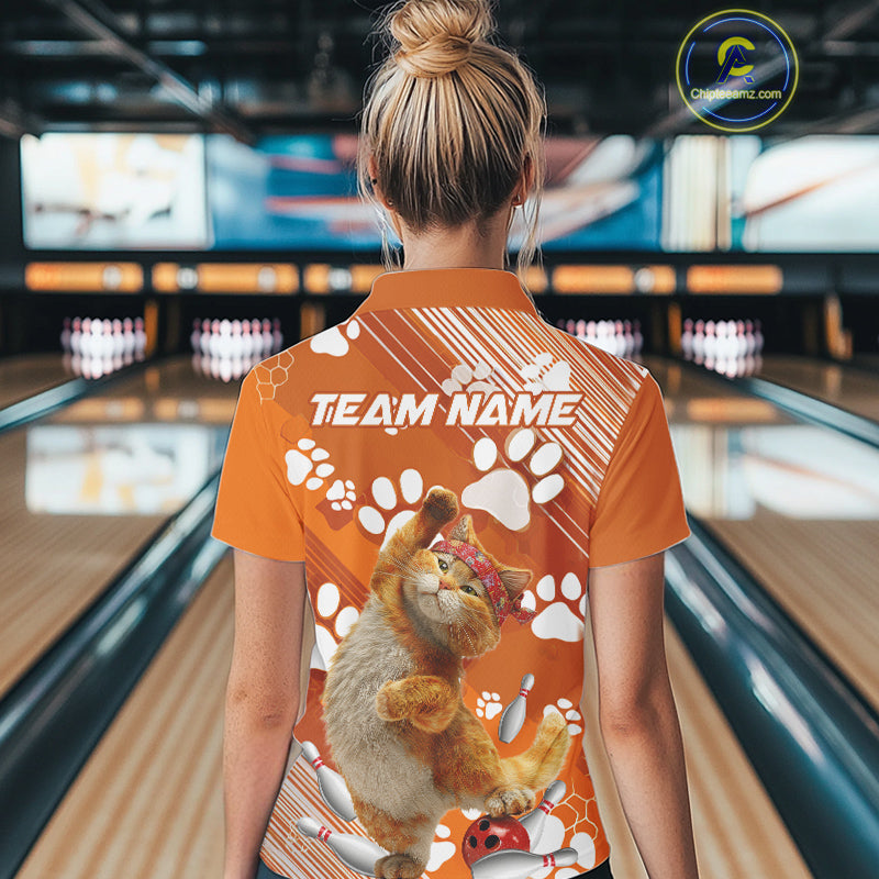 Custom Funny Orange Cat Bowling Women Polo Shirt, Cute Team Cat Paw Bowling Shirt IPHW10101