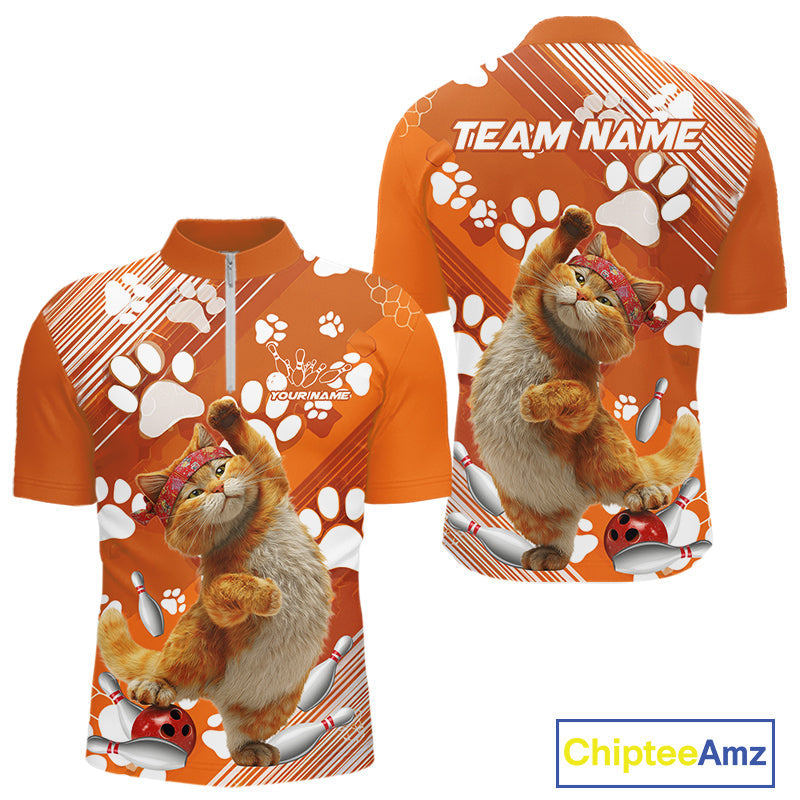 Custom Funny Orange Cat Bowling Men Quarter-Zip Shirt, Cute Team Cat Paw Bowling Shirt IPHW10101