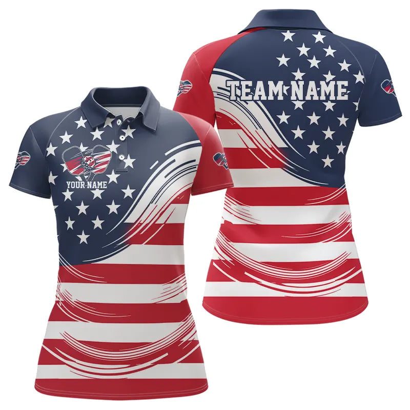 Custom American Flag Patriotic Pickleball Polo Shirts For Women, US Pickleball League Shirt IPHW8125