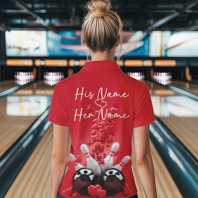 Custom Valentine Day Bowling Red Polo Shirts For Women, Romance Bowling Couple Outfits IPHW8352