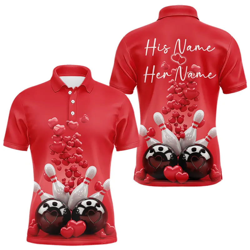 Custom Valentine Day Bowling Red Polo Shirts For Men, Romance Bowling Couple Outfits IPHW8352
