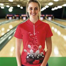 Load image into Gallery viewer, Custom Valentine Day Bowling Red Quarter-Zip Shirts For Women, Bowling Couple Outfits IPHW8352