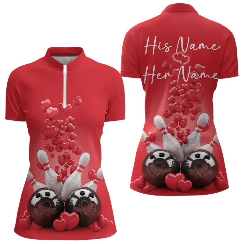 Custom Valentine Day Bowling Red Quarter-Zip Shirts For Women, Bowling Couple Outfits IPHW8352