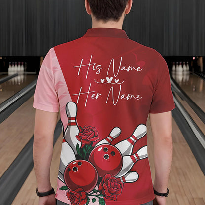 Bowling And Red Roses Custom Valentine Bowling Polo Shirts For Men Bowling Couple Outfits IPHW8354