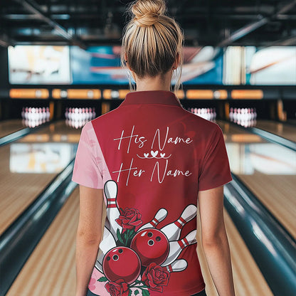 Bowling And Red Roses Custom Valentine Bowling Polo Shirts For Women Bowling Couple Outfits IPHW8354