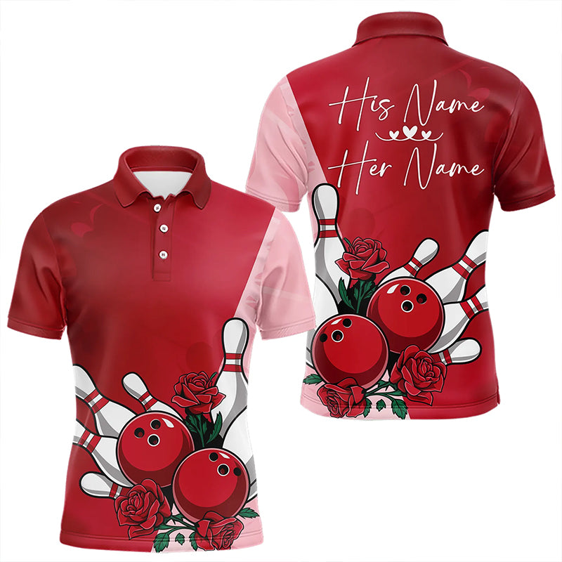 Bowling And Red Roses Custom Valentine Bowling Polo Shirts For Men Bowling Couple Outfits IPHW8354