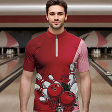 Load image into Gallery viewer, Bowling And Red Roses Custom Valentine Bowling Quarter-Zip Shirts For Men Bowling Couple Outfits IPHW8354