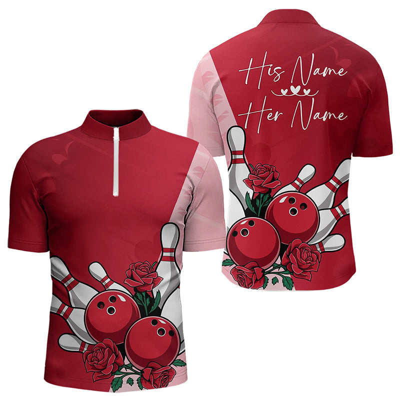 Bowling And Red Roses Custom Valentine Bowling Quarter-Zip Shirts For Men Bowling Couple Outfits IPHW8354
